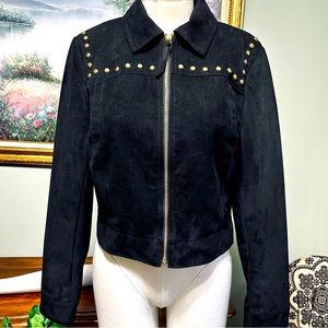 Belle Sky Black Faux Suede Gold Stud Zip Front Jacket